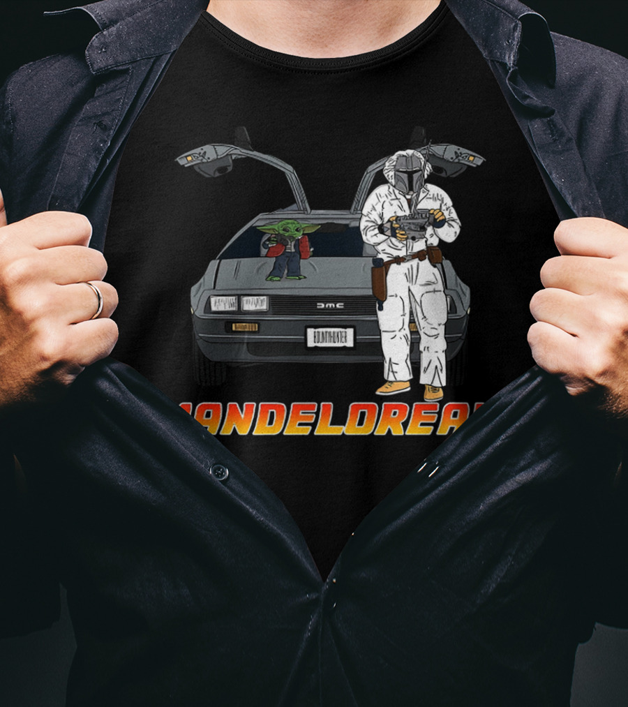 Mandelorean Baby Yoda And Boba Fett With DeLorean Car T-Shirt