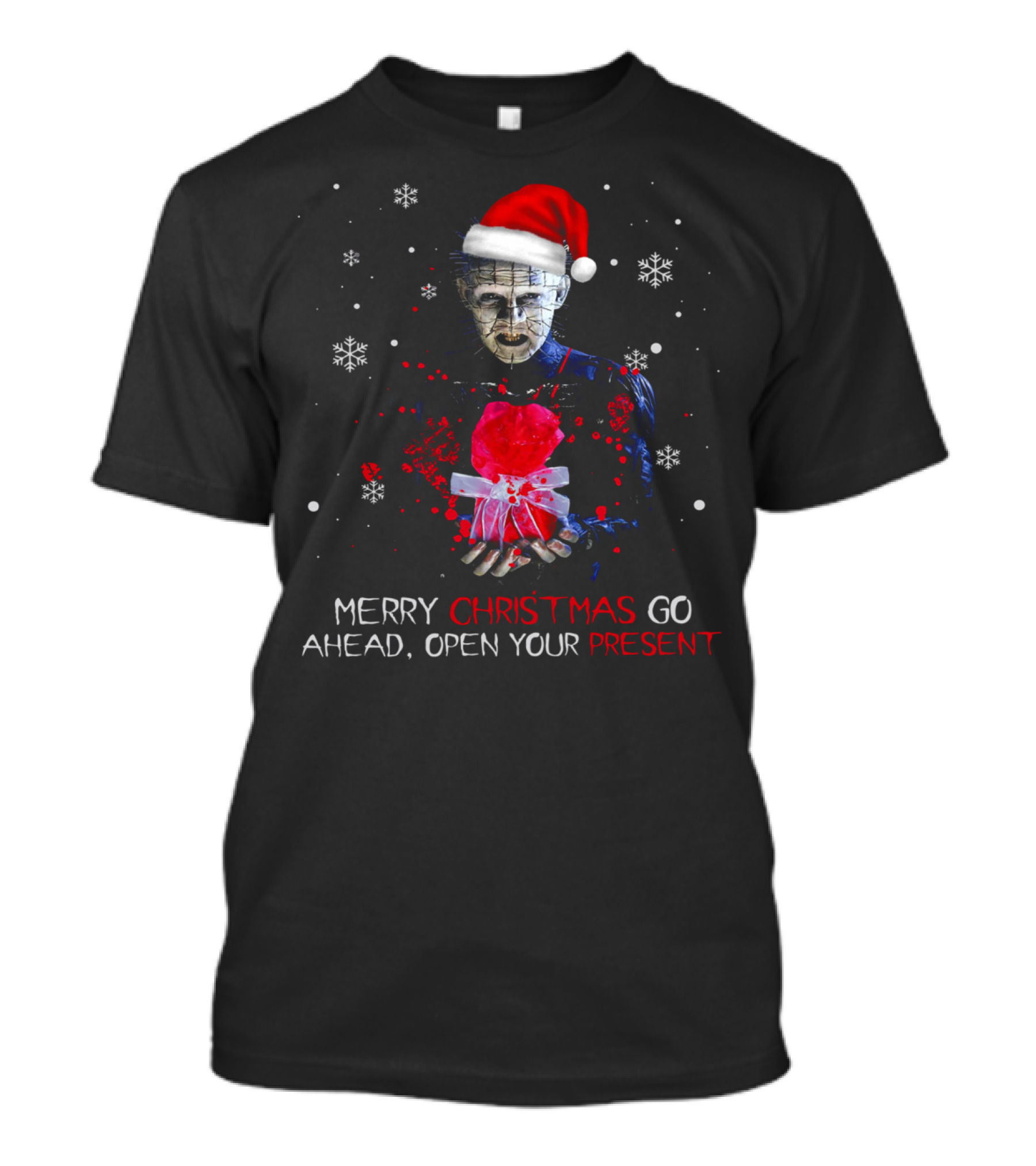 Merry Christmas Go Ahead Open Your Present Pinhead Santa Hat Snowflakes T-Shirt