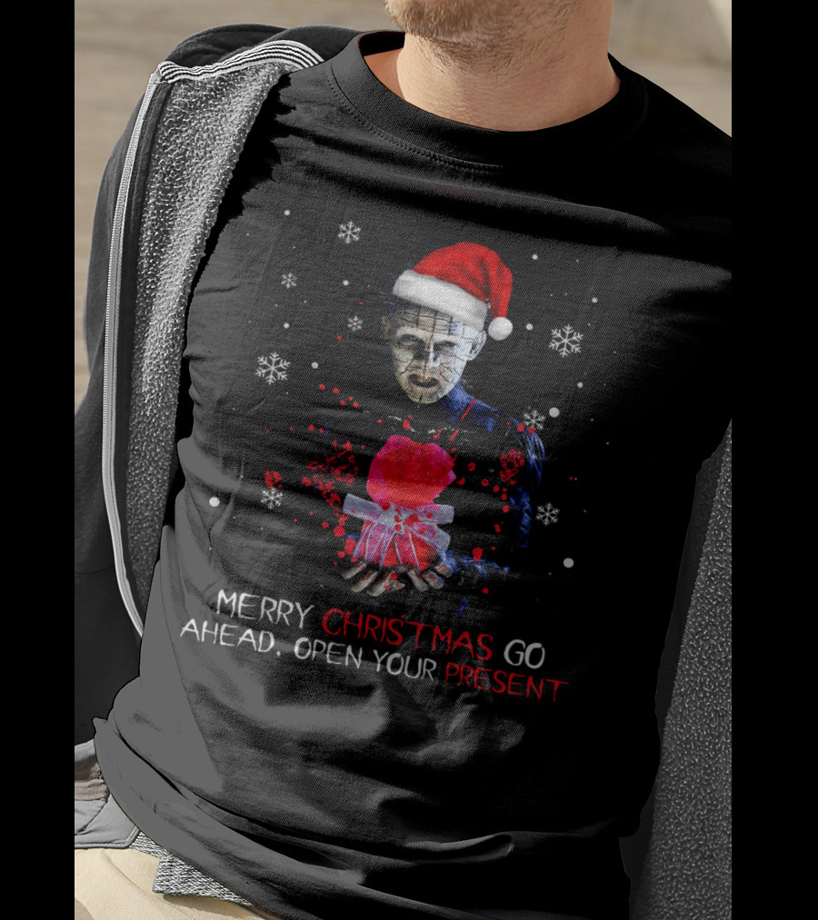 Merry Christmas Go Ahead Open Your Present Pinhead Santa Hat Snowflakes T-Shirt