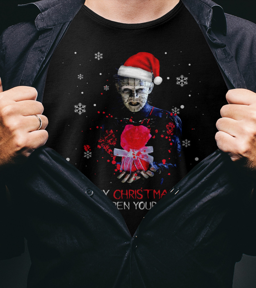 Merry Christmas Go Ahead Open Your Present Pinhead Santa Hat Snowflakes T-Shirt