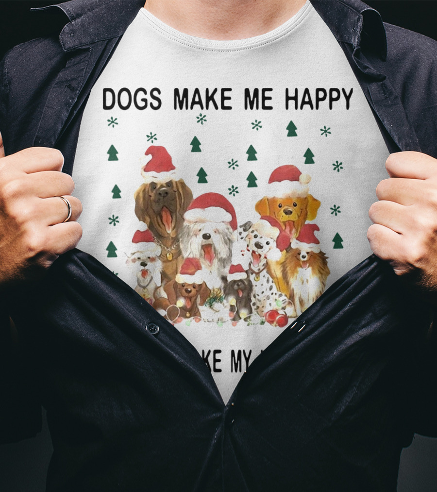 Dogs Make Me Happy Humans Make My Head Hurt Christmas Dogs With Santa Hats And Gifts T-Shirt