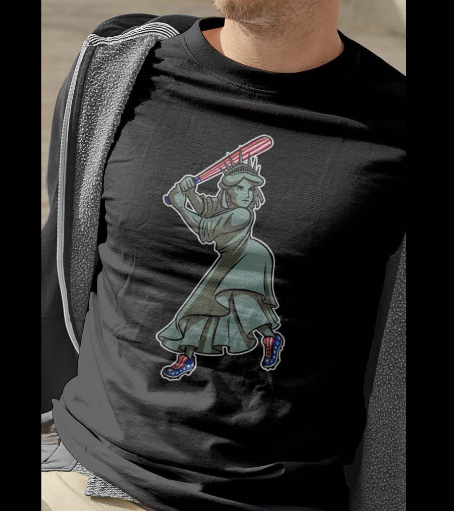 Liberty Statue Playing Baseball With American Flag Bat And Star-Spangled Shoes T-Shirt