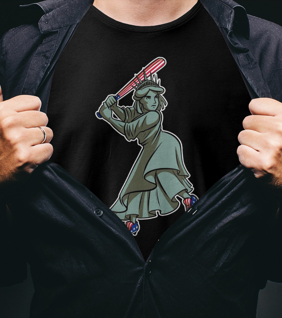 Liberty Statue Playing Baseball With American Flag Bat And Star-Spangled Shoes T-Shirt