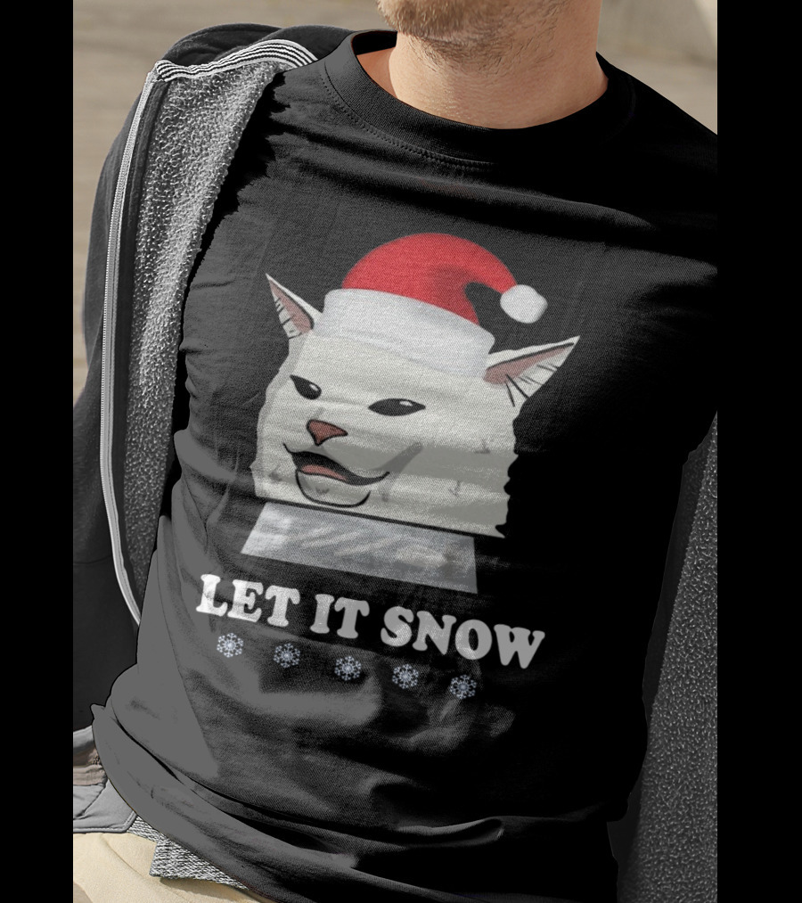 Let It Snow Cat In Santa Hat With Snowflakes T-Shirt