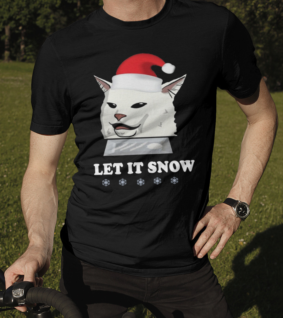 Let It Snow Cat In Santa Hat With Snowflakes T-Shirt