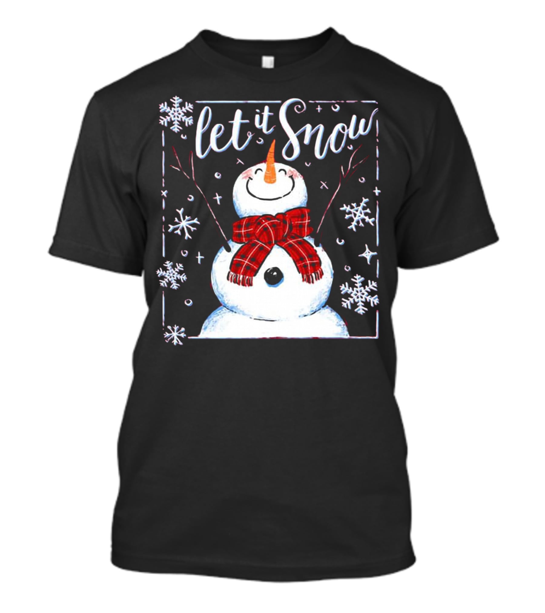 Let It Snow Santa Snowman With Scarf And Snowflakes T-Shirt