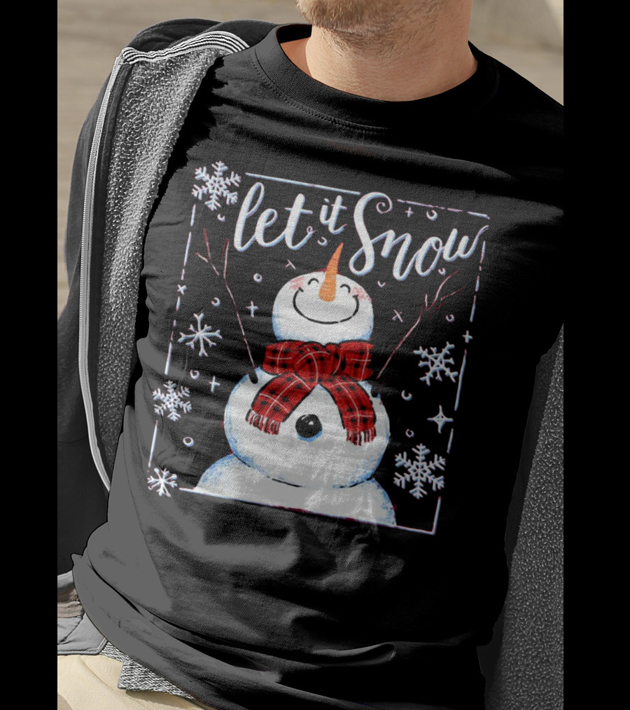 Let It Snow Santa Snowman With Scarf And Snowflakes T-Shirt