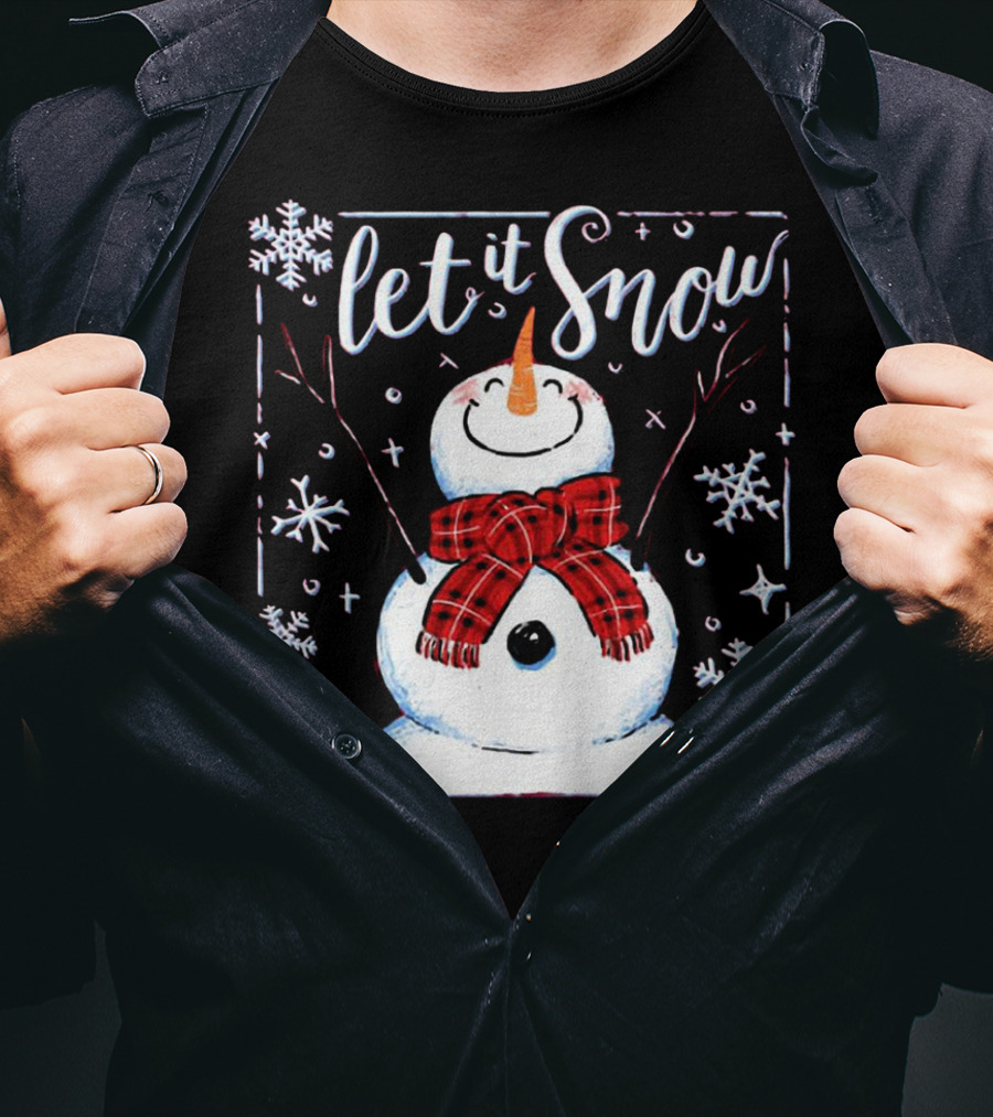 Let It Snow Santa Snowman With Scarf And Snowflakes T-Shirt