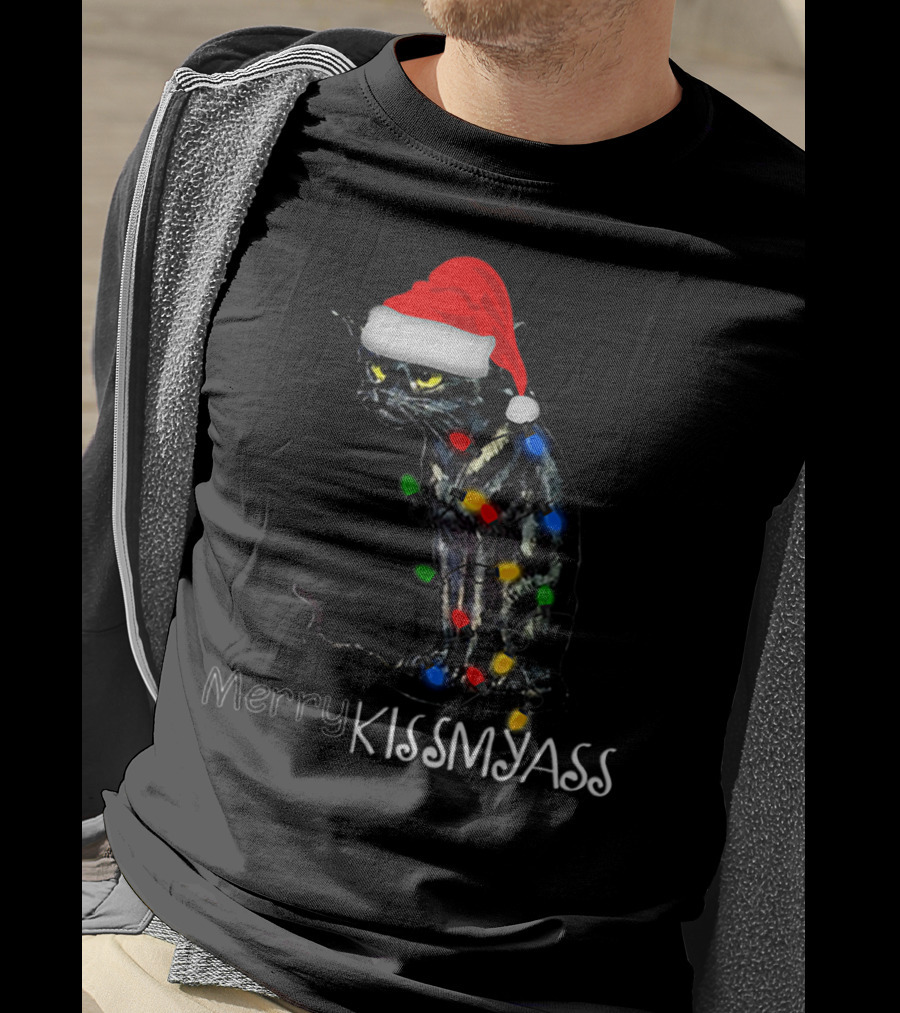 Merry Kissmyass Black Cat Santa Hat Christmas Lights T-Shirt
