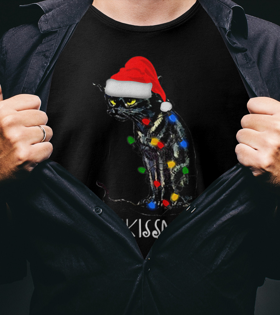 Merry Kissmyass Black Cat Santa Hat Christmas Lights T-Shirt