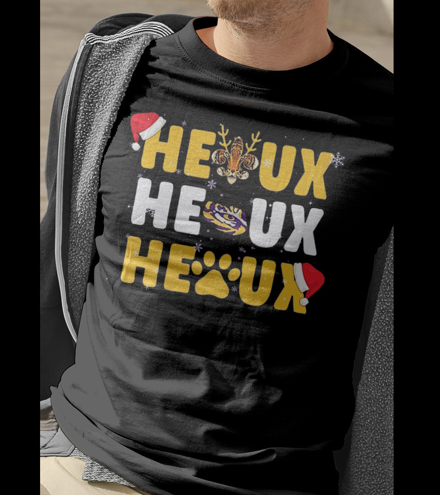 LSU Tigers Heaux Heaux Heaux Christmas Paw Snowflakes Antlers Santa Hat T-Shirt