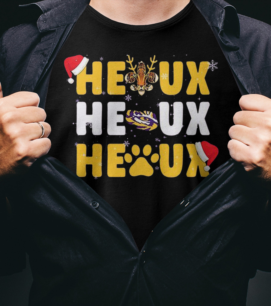 LSU Tigers Heaux Heaux Heaux Christmas Paw Snowflakes Antlers Santa Hat T-Shirt