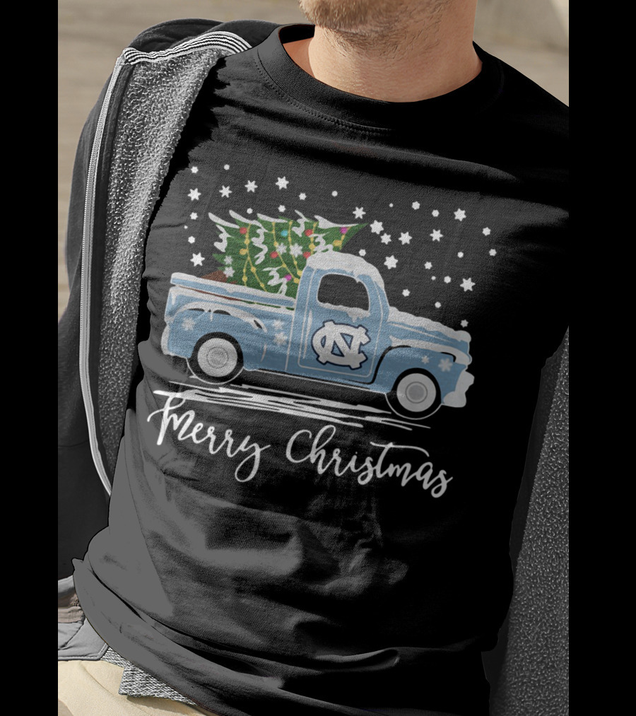 North Carolina Tar Heels Merry Christmas Pickup Truck With Tree T-Shirt