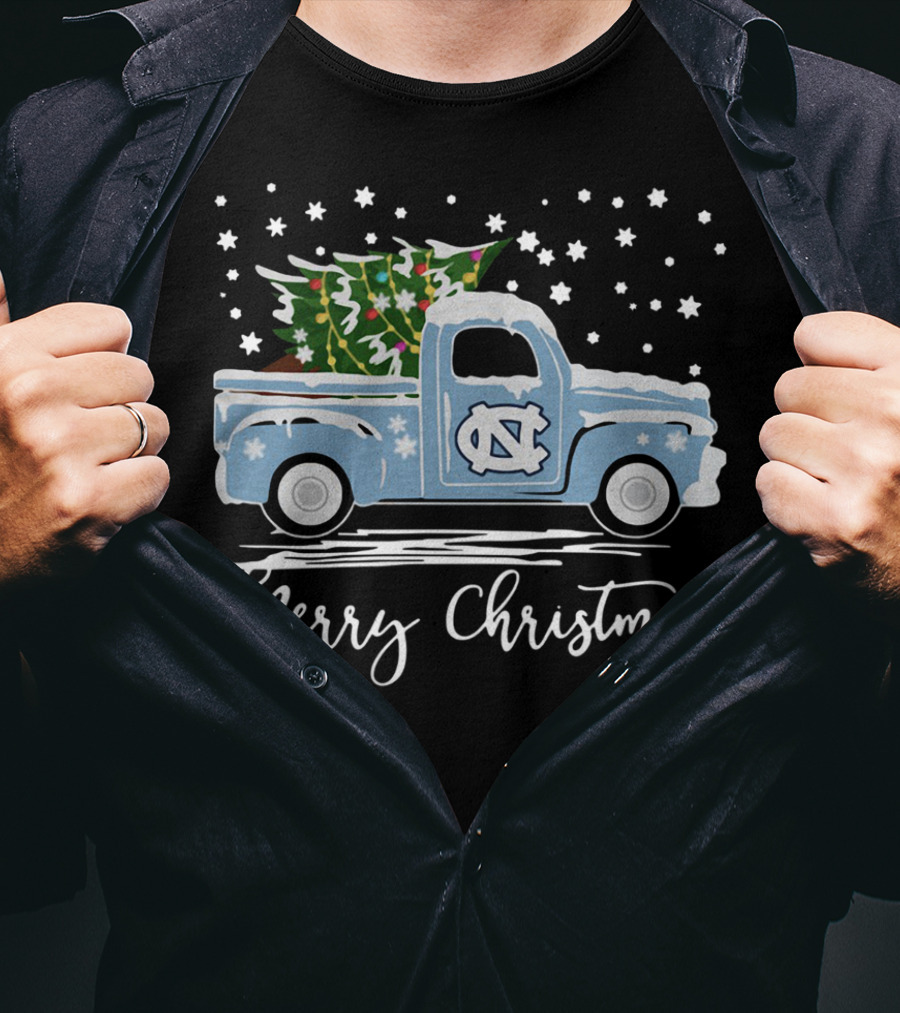 North Carolina Tar Heels Merry Christmas Pickup Truck With Tree T-Shirt