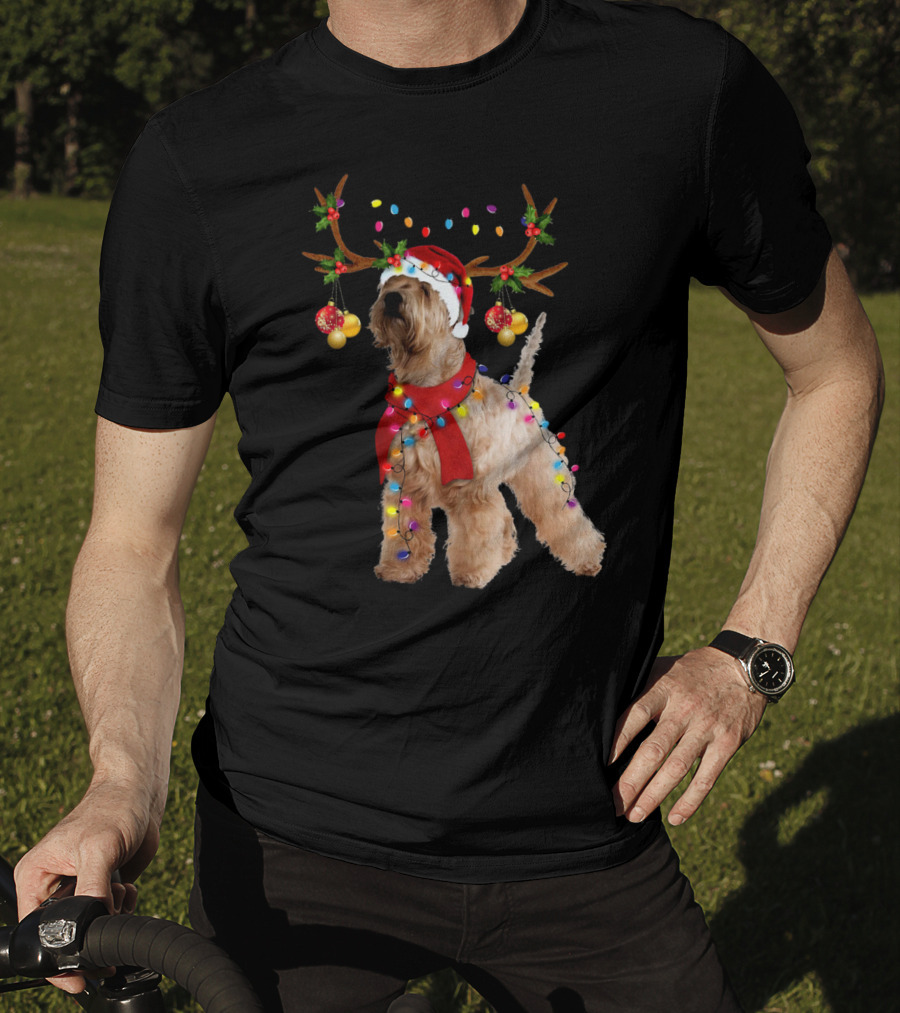 Christmas Wheaten Terrier With Santa Hat And Reindeer Antlers T-Shirt