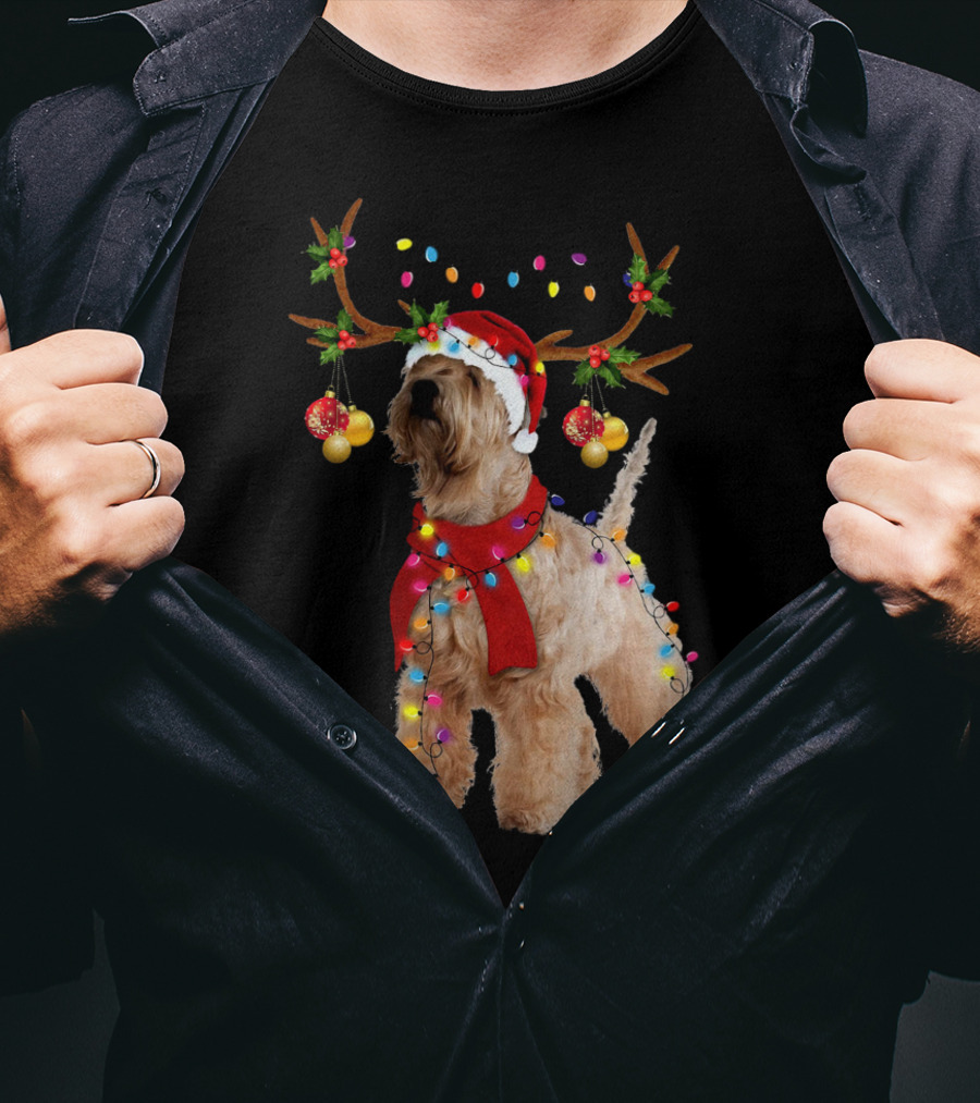 Christmas Wheaten Terrier With Santa Hat And Reindeer Antlers T-Shirt