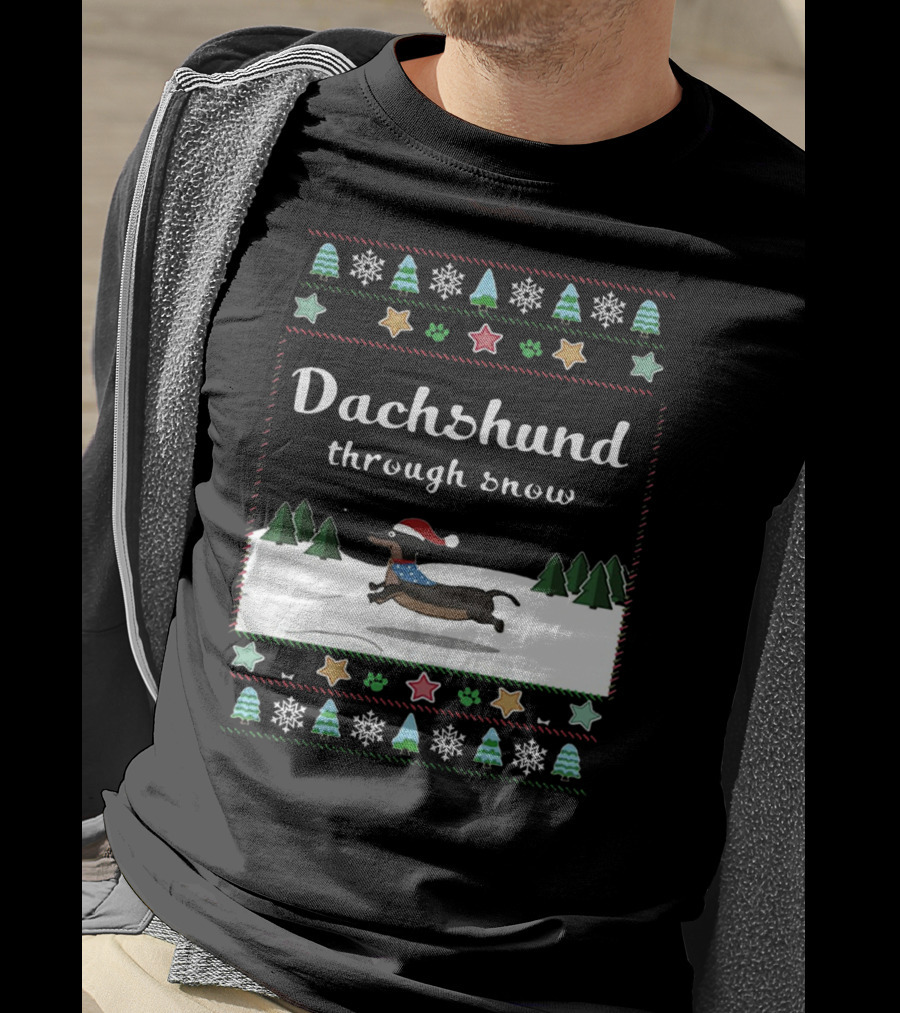 Dachshund Through Snow Christmas Sweater Style With Trees And Stars T-Shirt