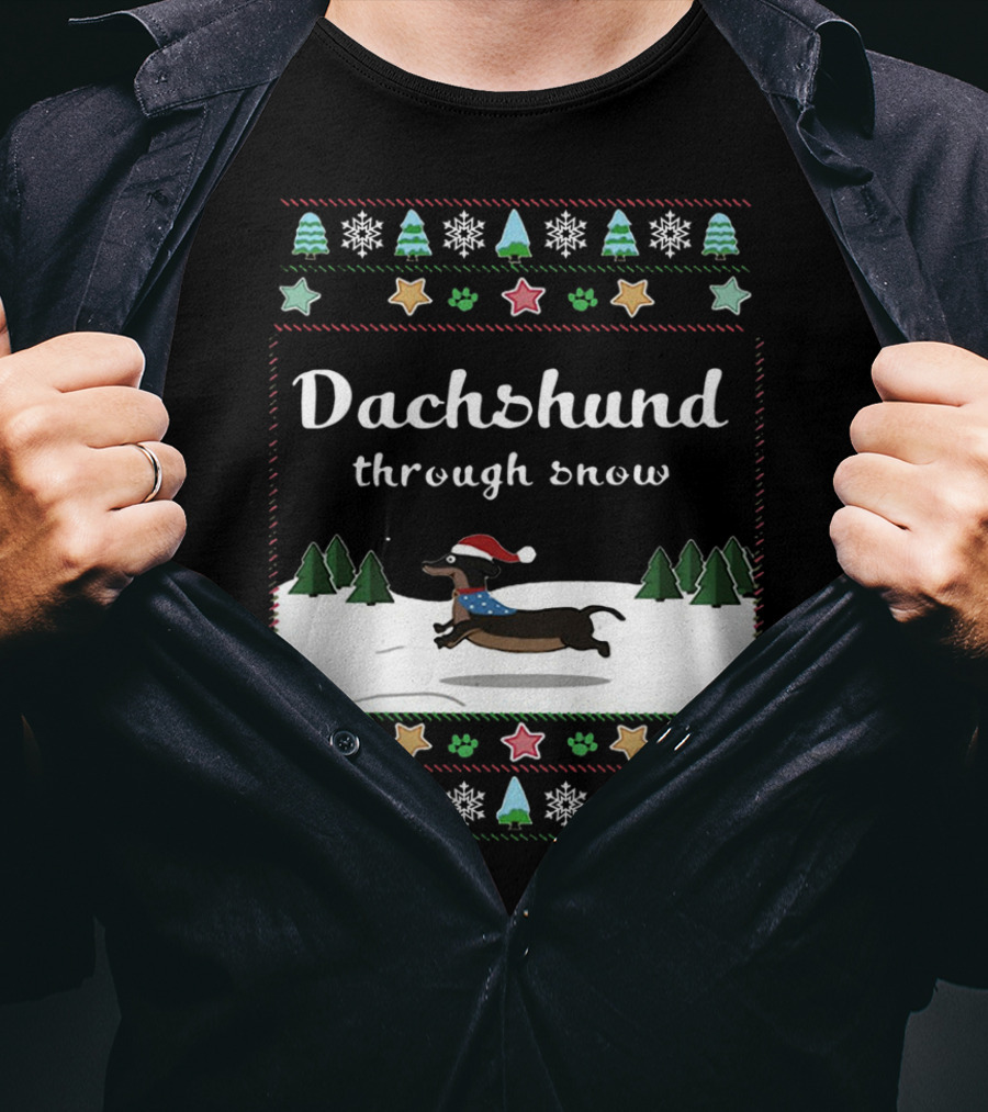 Dachshund Through Snow Christmas Sweater Style With Trees And Stars T-Shirt