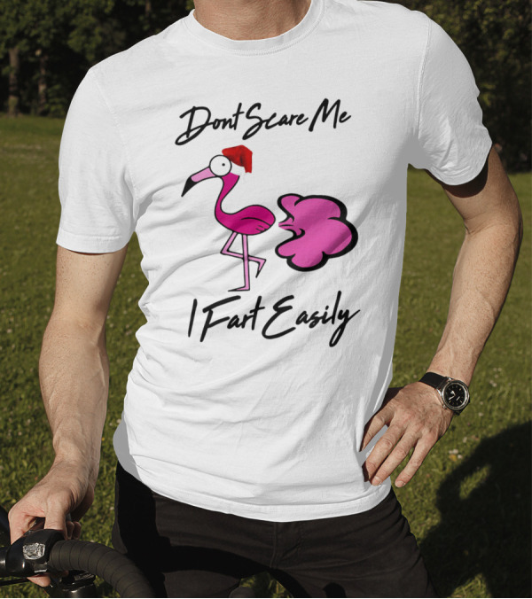 Dont Scare Me I Fart Easily Flamingo With Santa Hat T-Shirt