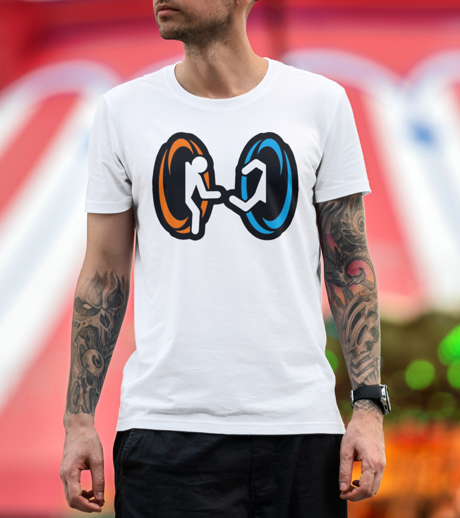 Orange and Blue Portal Stick Figure Couple T-Shirt