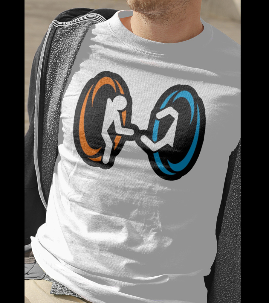 Orange And Blue Portal Stick Figure Couple T-Shirt