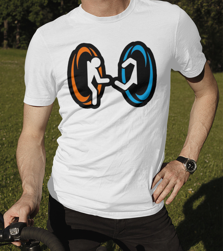 Orange And Blue Portal Stick Figure Couple T-Shirt