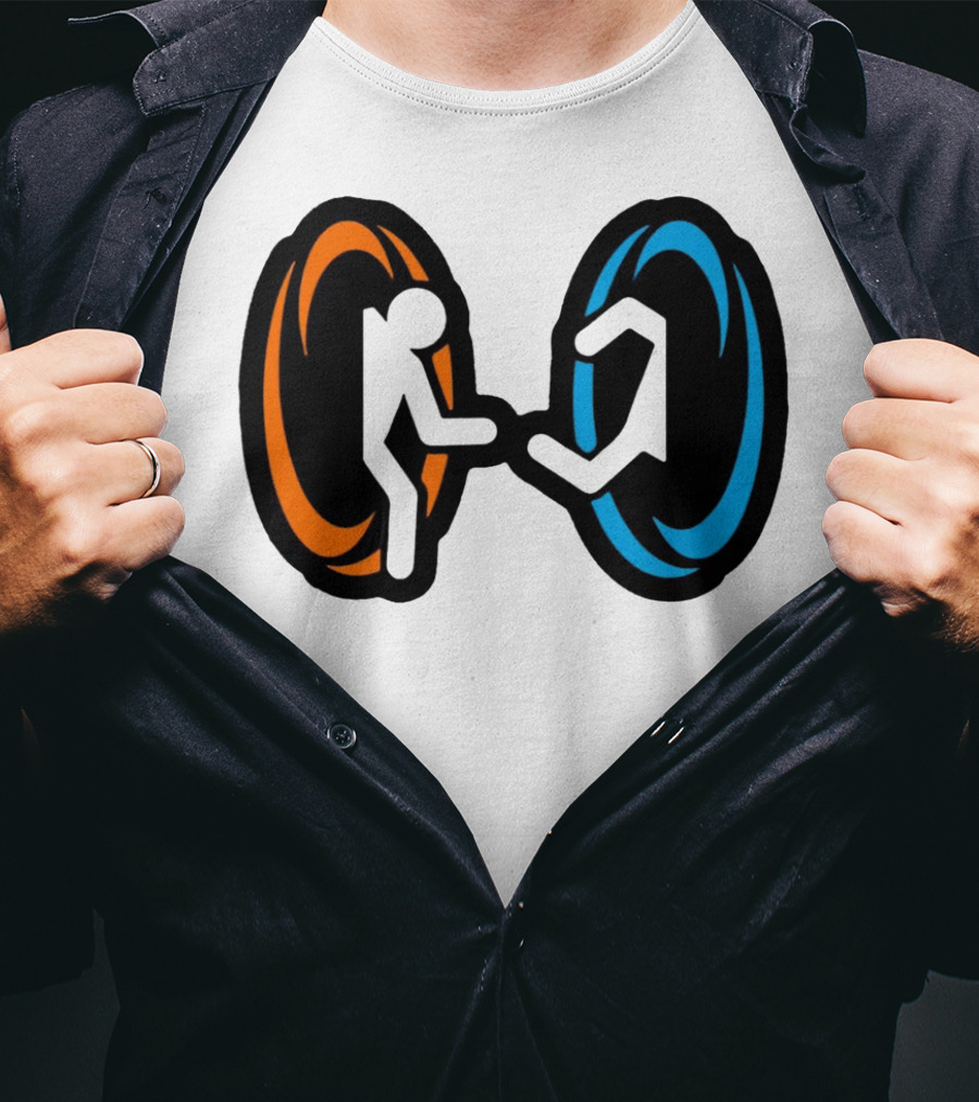 Orange And Blue Portal Stick Figure Couple T-Shirt
