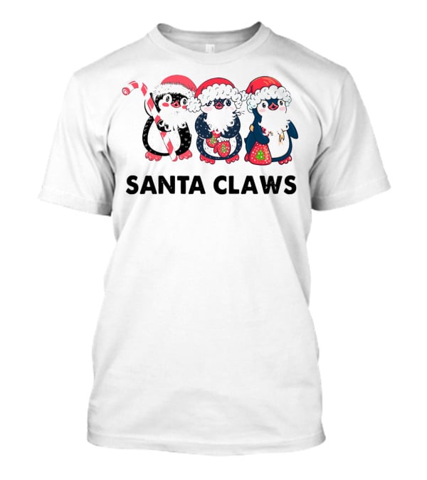 Santa Claws Penguins Holiday Trio With Santa Hats And Candy Cane T-Shirt