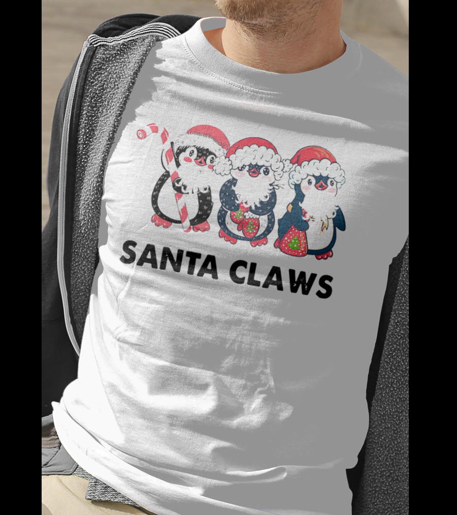 Santa Claws Penguins Holiday Trio With Santa Hats And Candy Cane T-Shirt