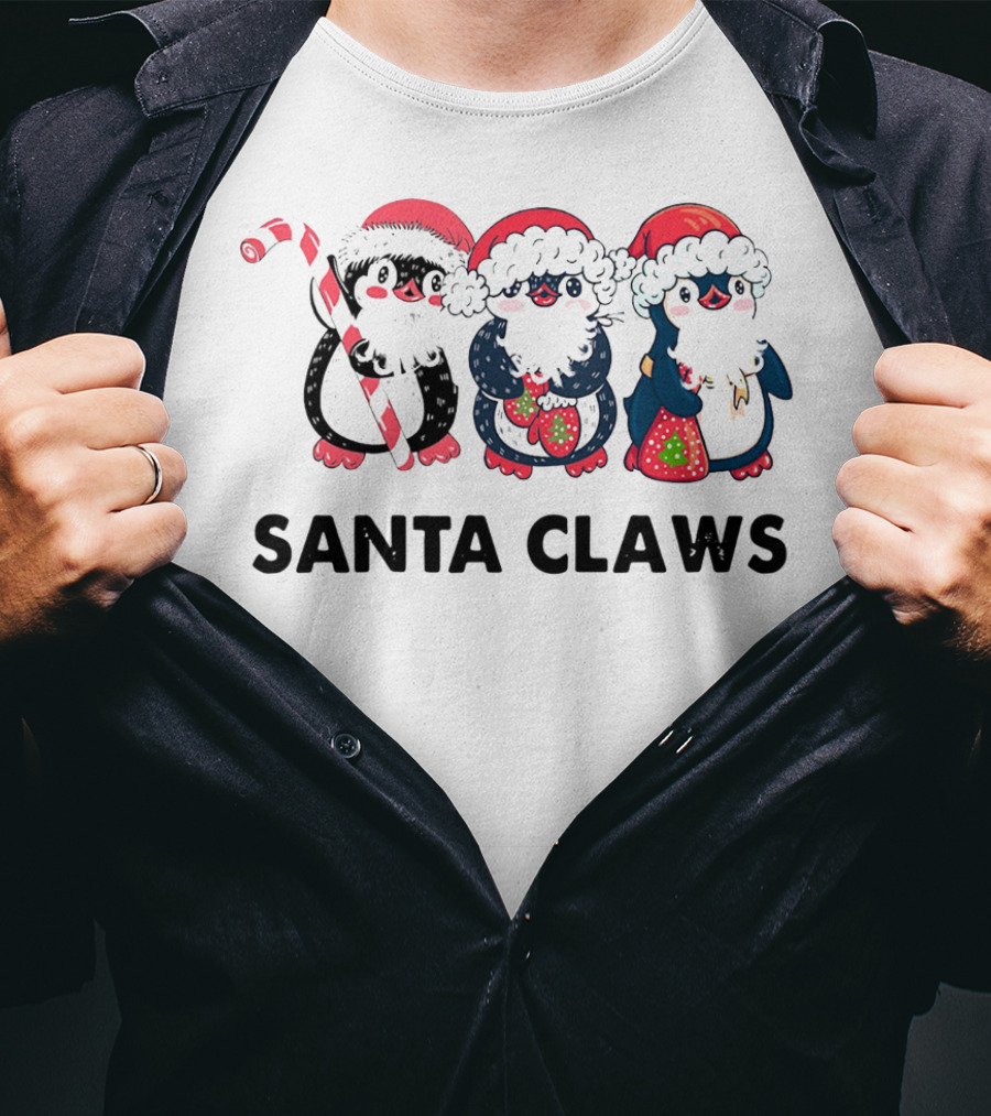 Santa Claws Penguins Holiday Trio With Santa Hats And Candy Cane T-Shirt