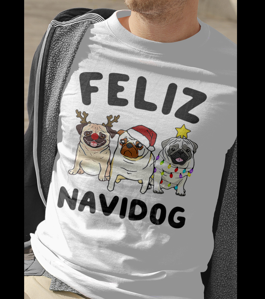 Feliz Navidog Pugs Christmas Reindeer Santa Lights T-Shirt