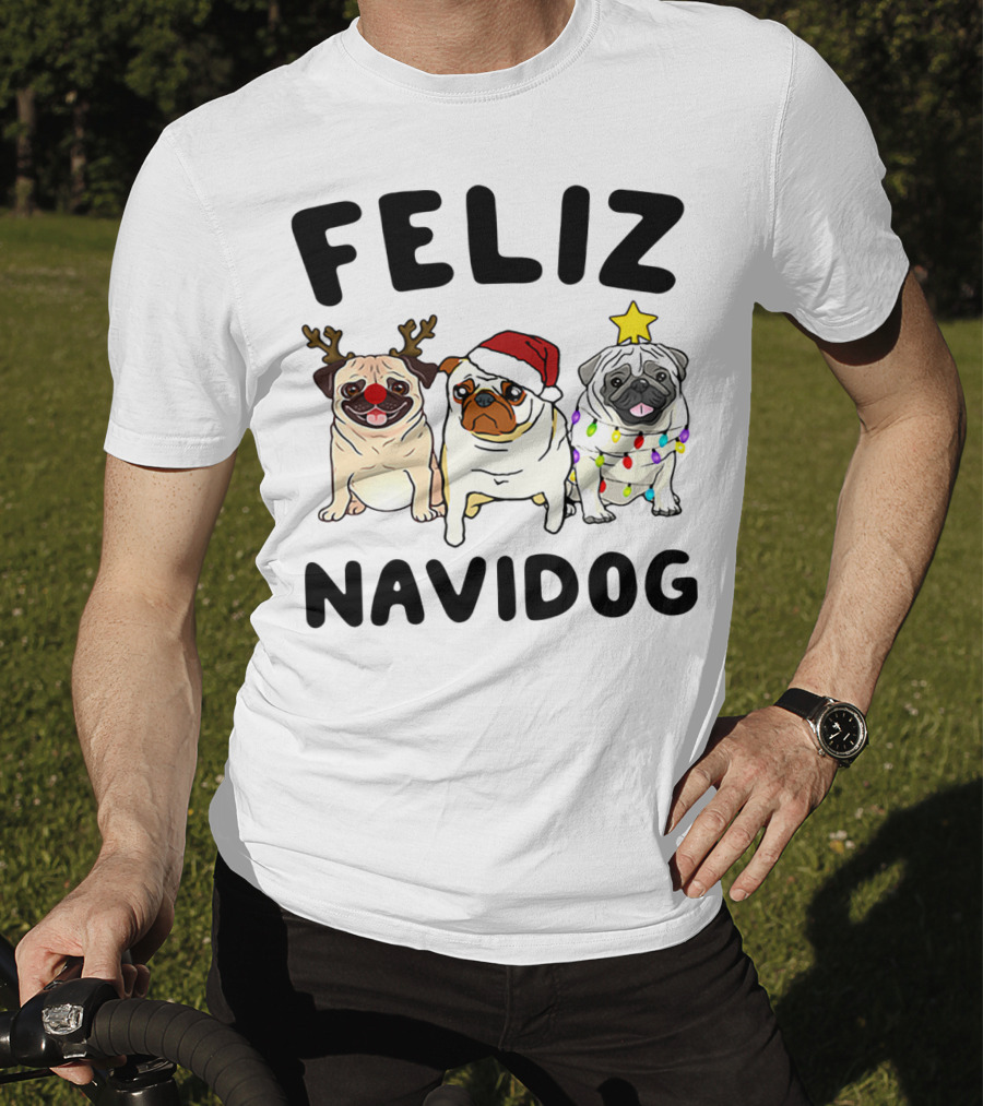 Feliz Navidog Pugs Christmas Reindeer Santa Lights T-Shirt