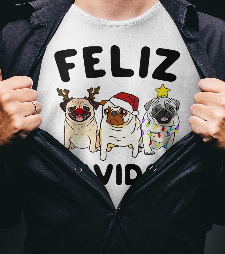 Feliz Navidog Pugs Christmas Reindeer Santa Lights T-Shirt