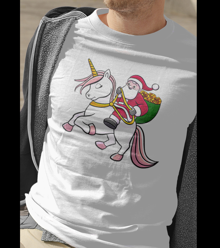 Santa Riding Unicorn With Sack Of Gifts For Cute Girls T-Shirt