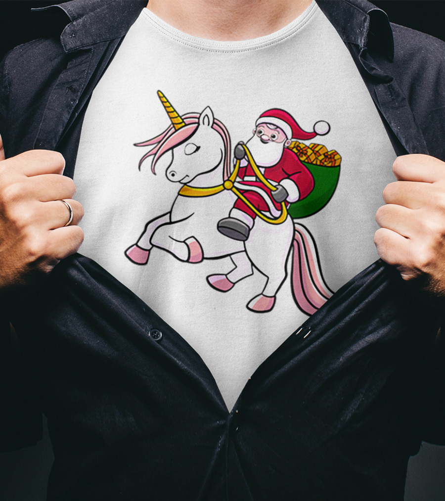 Santa Riding Unicorn With Sack Of Gifts For Cute Girls T-Shirt