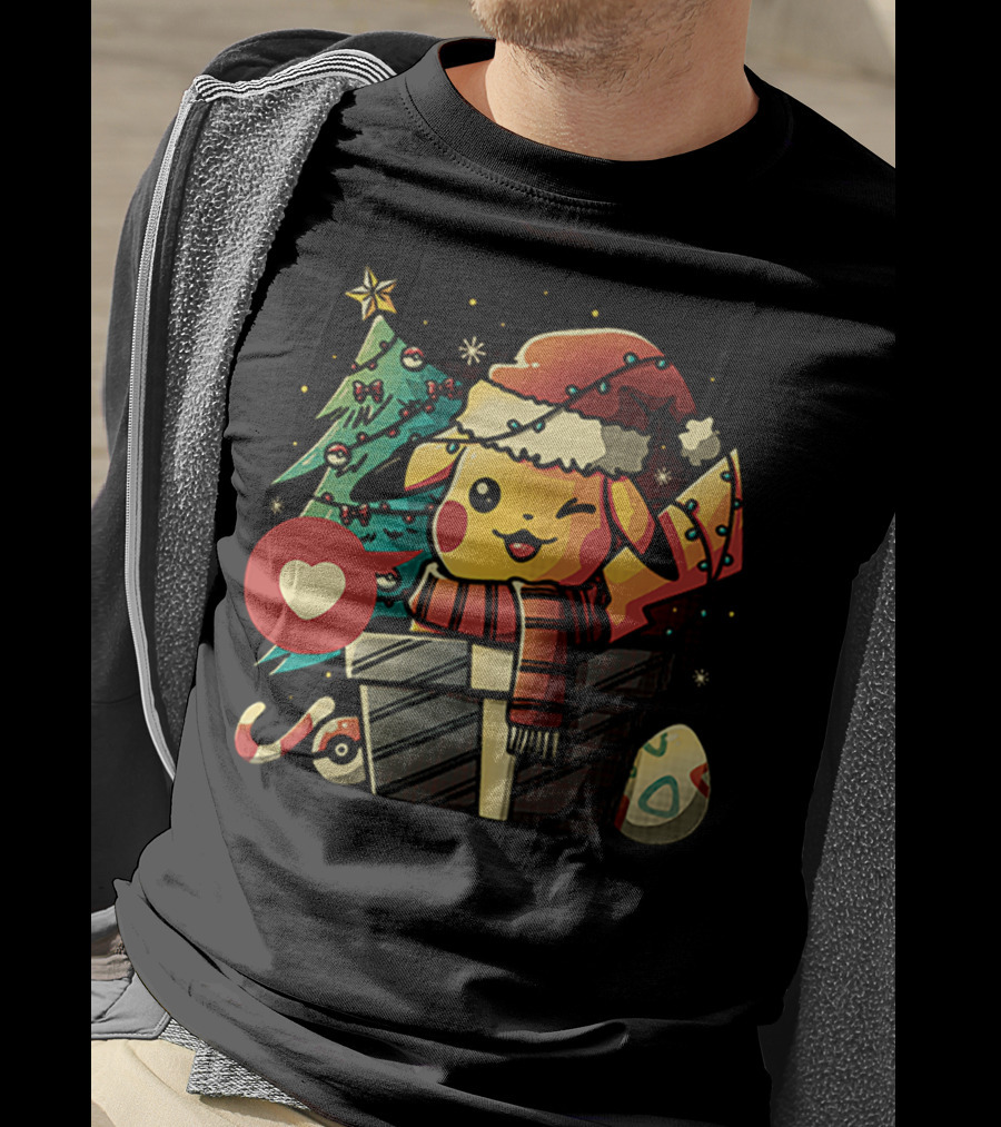 Pikachu In Santa Hat With Electric Christmas Tree And Candy Cane T-Shirt