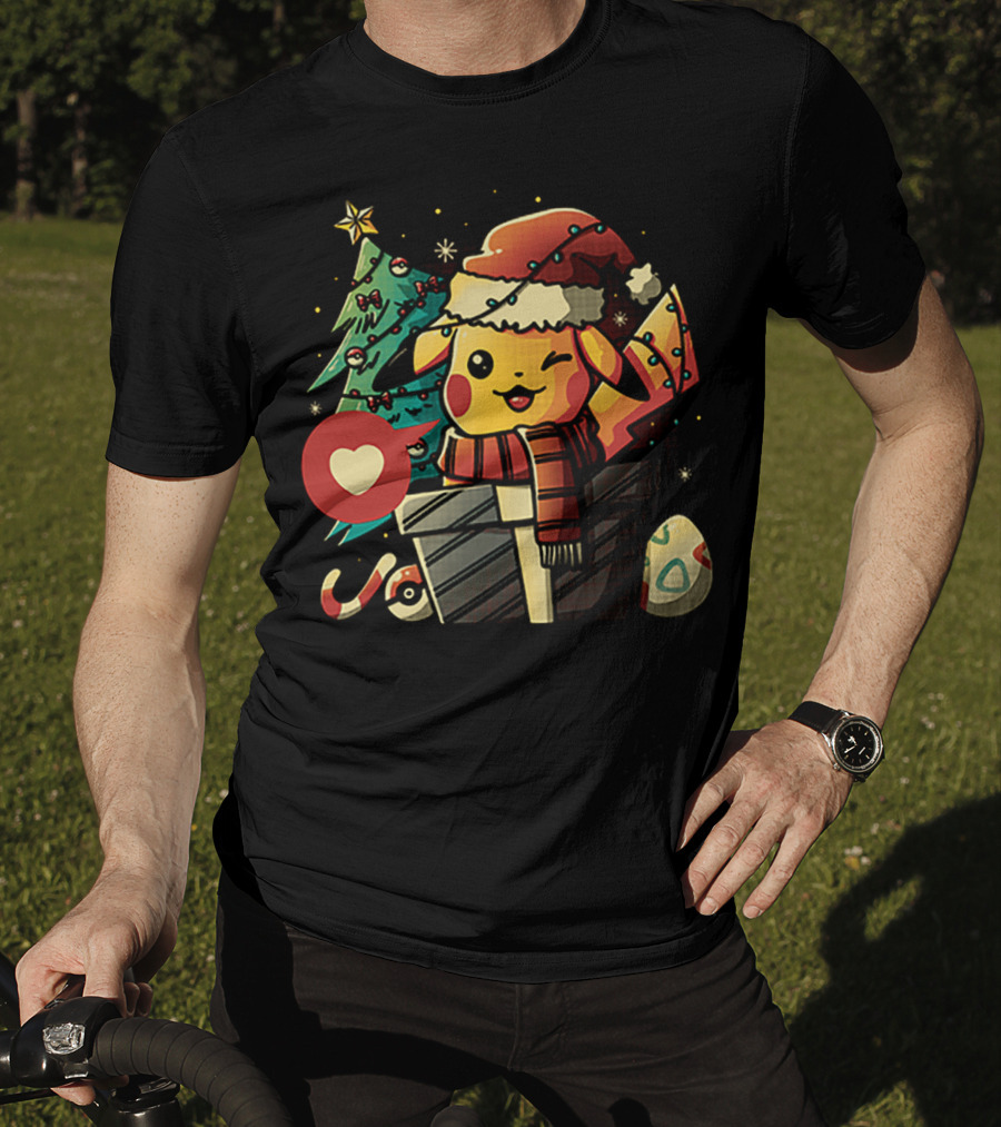 Pikachu In Santa Hat With Electric Christmas Tree And Candy Cane T-Shirt
