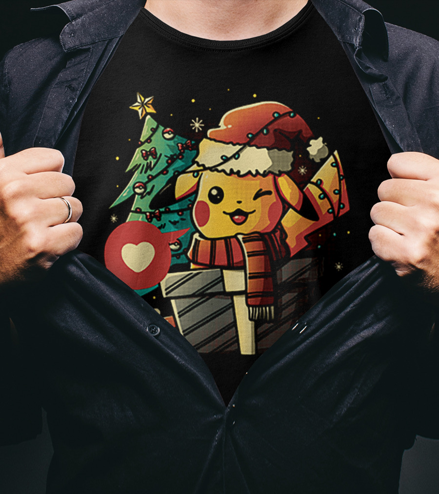 Pikachu In Santa Hat With Electric Christmas Tree And Candy Cane T-Shirt