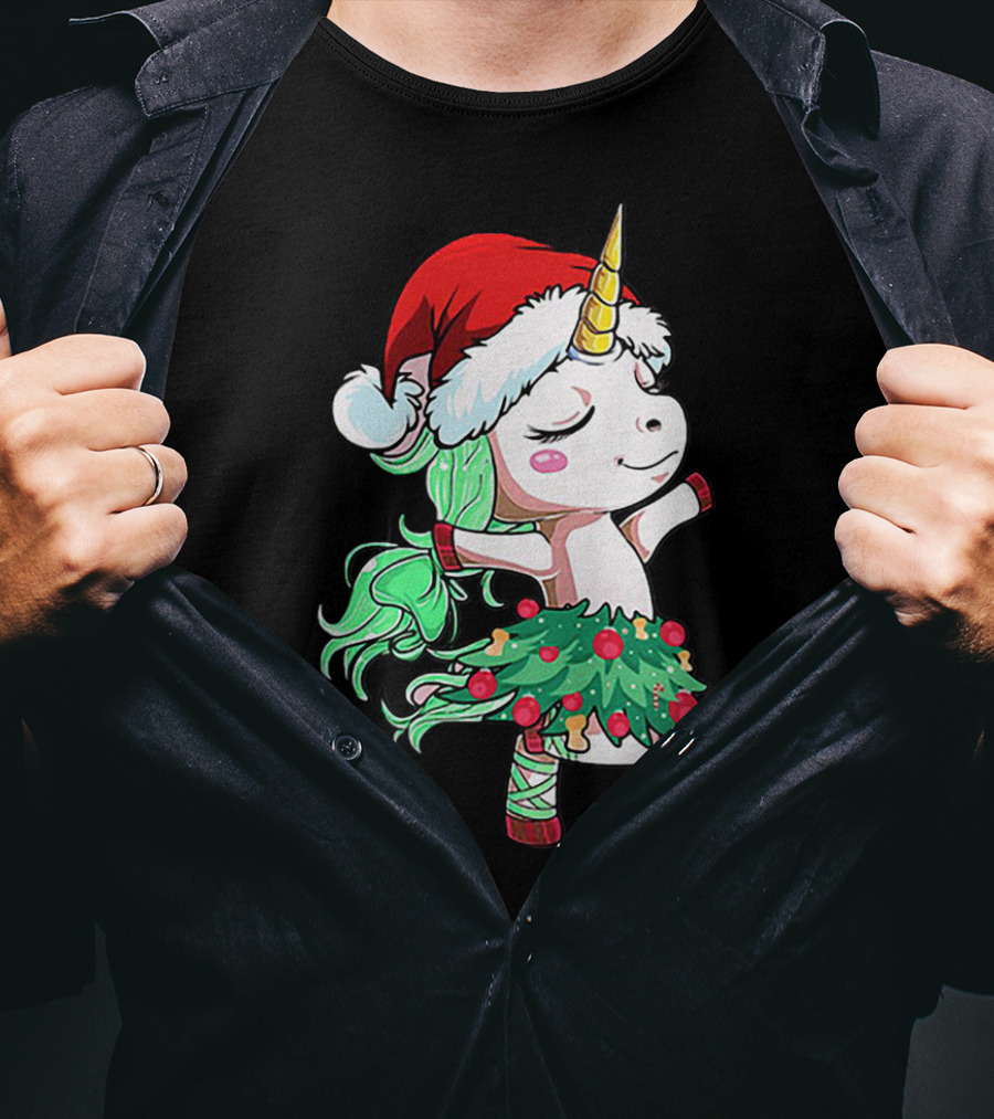 Santa Unicorn Christmas Tree Festive Dance T-Shirt