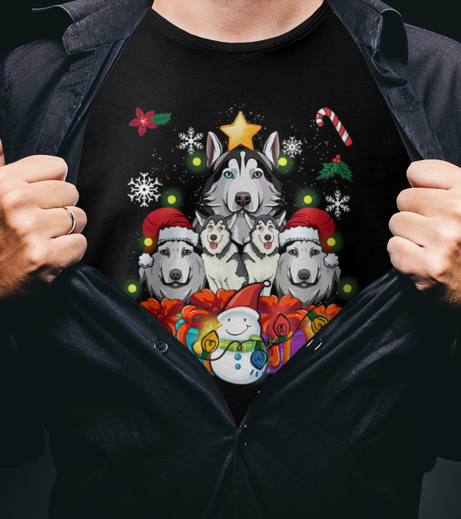 Siberian Husky Christmas Tree Decor With Snowflakes, Candy Cane, Snowman, And Presents T-Shirt