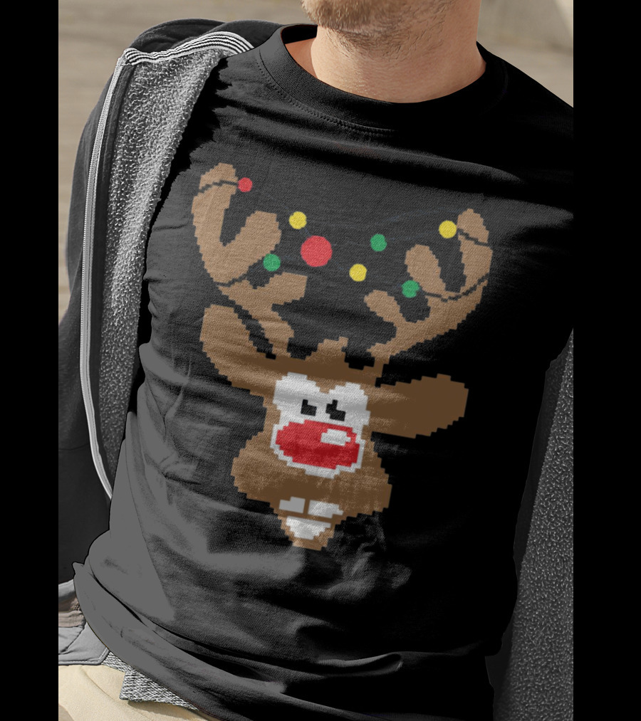 Christmas Youth Pixel Reindeer With Colorful Lights T-Shirt