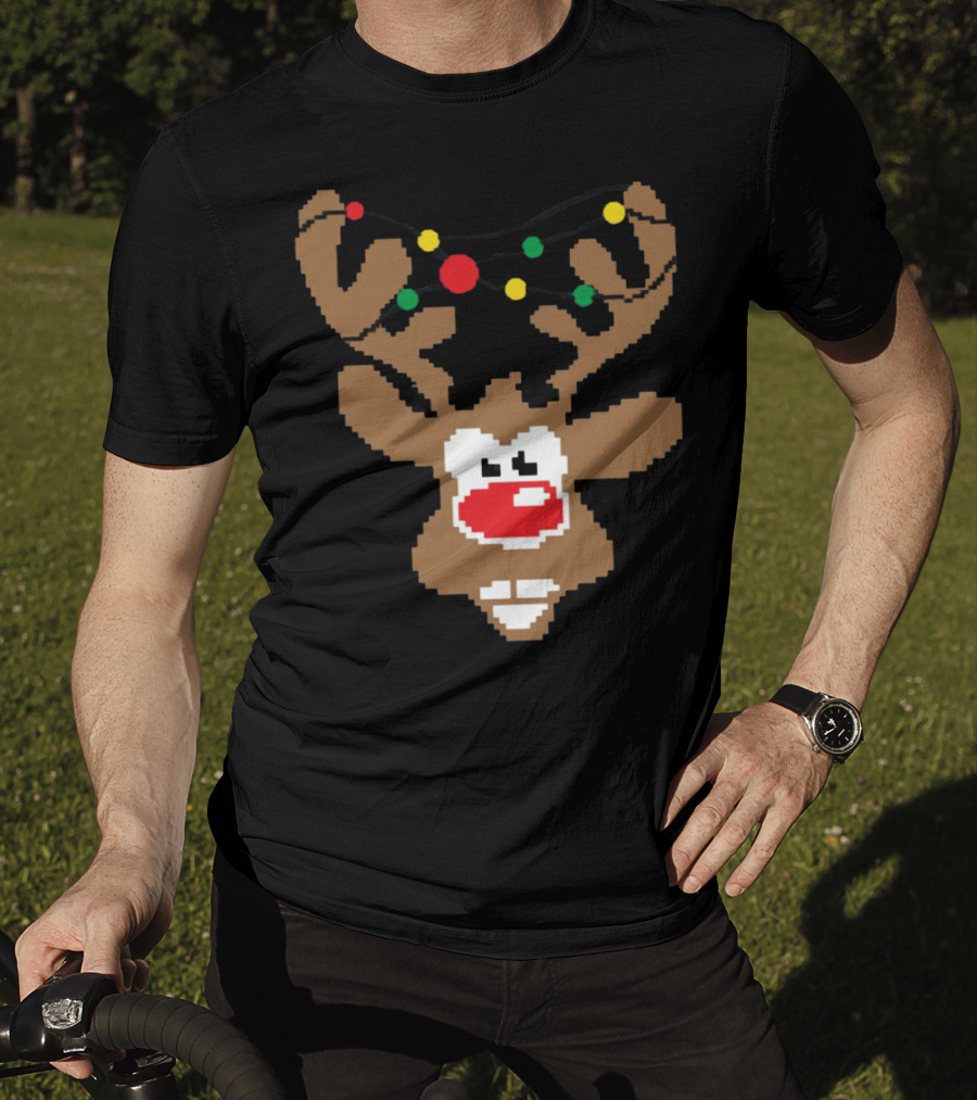 Christmas Youth Pixel Reindeer With Colorful Lights T-Shirt