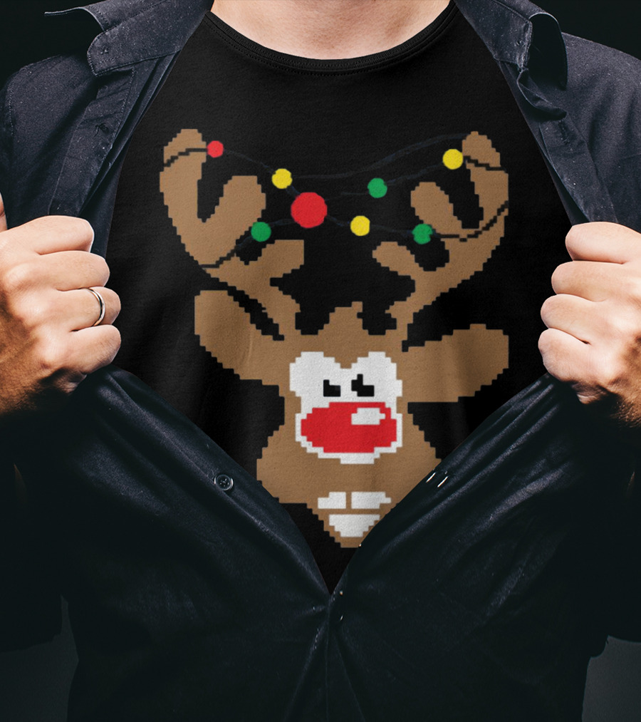 Christmas Youth Pixel Reindeer With Colorful Lights T-Shirt