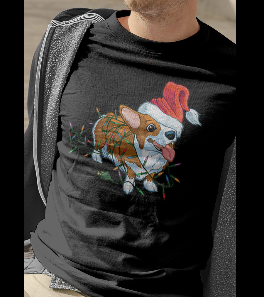 Corgi Christmas Lights Santa Hat T-Shirt