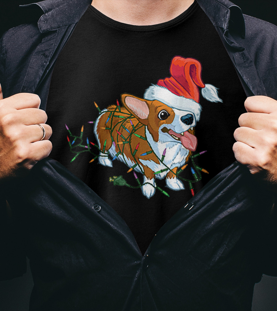 Corgi Christmas Lights Santa Hat T-Shirt