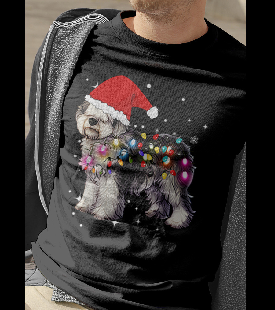 Christmas Lights Olde English Sheepdog Santa Hat T-Shirt