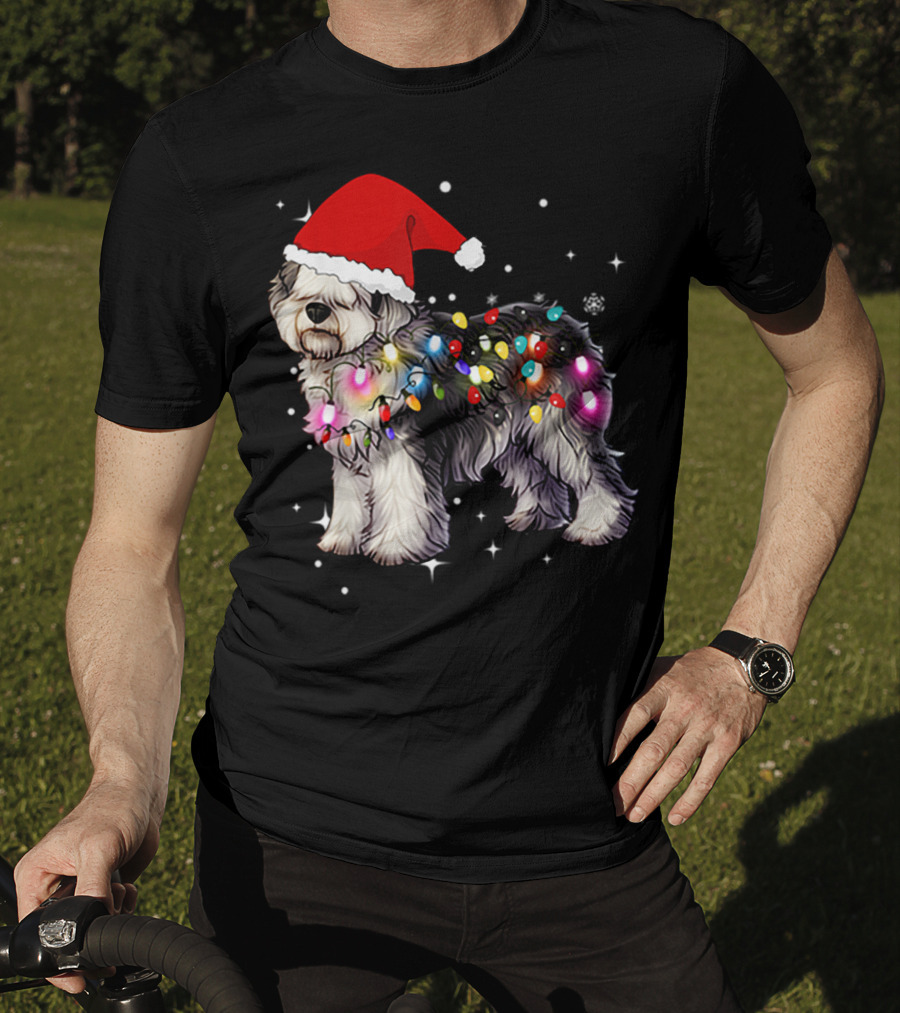 Christmas Lights Olde English Sheepdog Santa Hat T-Shirt