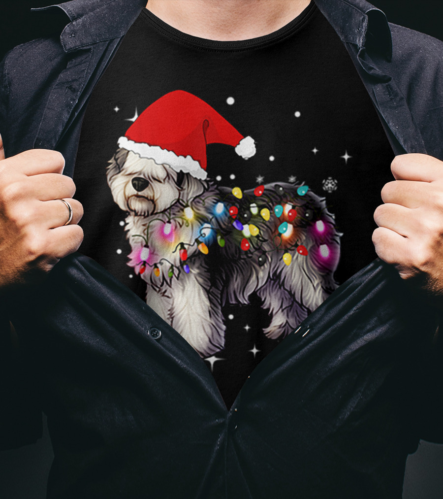 Christmas Lights Olde English Sheepdog Santa Hat T-Shirt