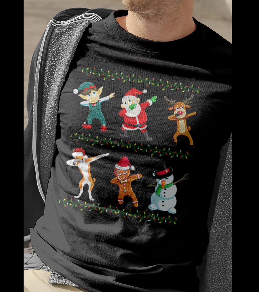 Dabbing Santa Basenji Elf Reindeer Gingerbread Snowman Christmas Lights T-Shirt