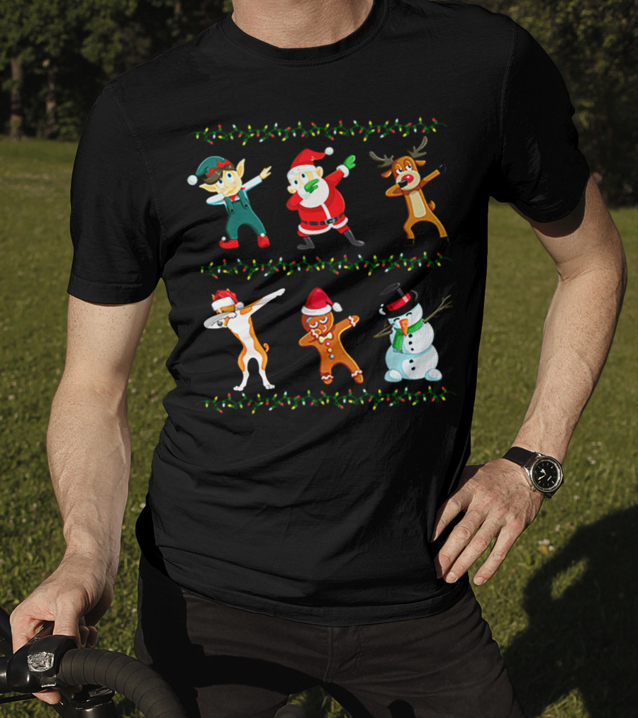 Dabbing Santa Basenji Elf Reindeer Gingerbread Snowman Christmas Lights T-Shirt